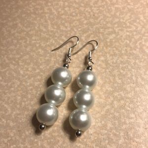 3 tier earrings with white pearls and silver hooks